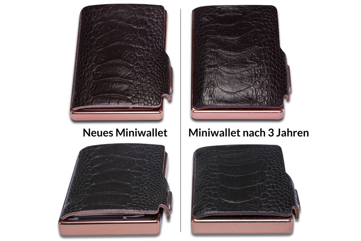 Vergleich zwischen einem neuen Miniwallet und einem nach 3 Jahren